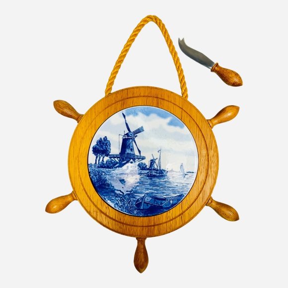 Delft Blue Nautical Wood Ship Wheel & Ceramic Plate Windmill Cheese Board - Picture 3 of 6